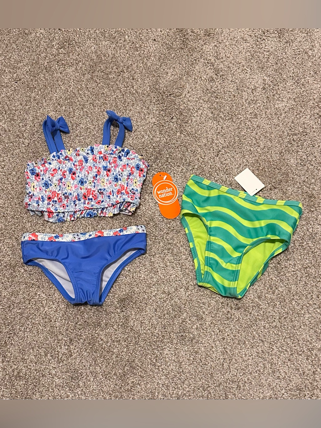 Kids Two-Piece Blue Bikini & Green Striped Swim Set
